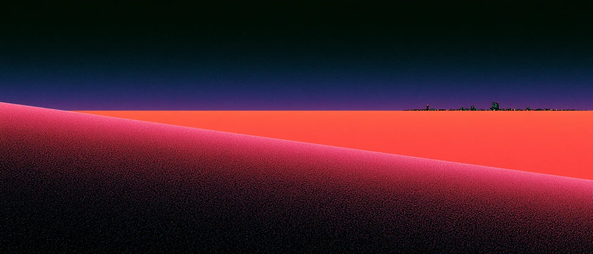 A quiet valley at dusk, the coral sky deepening over dark treelines